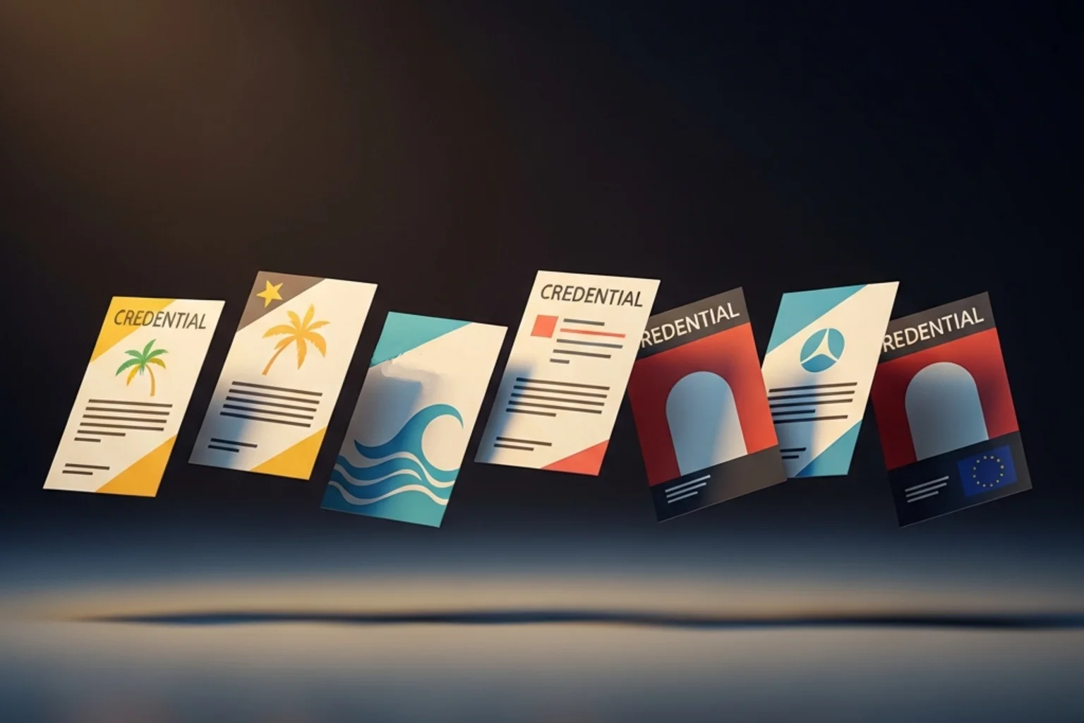 Documentos oficiales y sellos abstractos representando licencias regulatorias internacionales